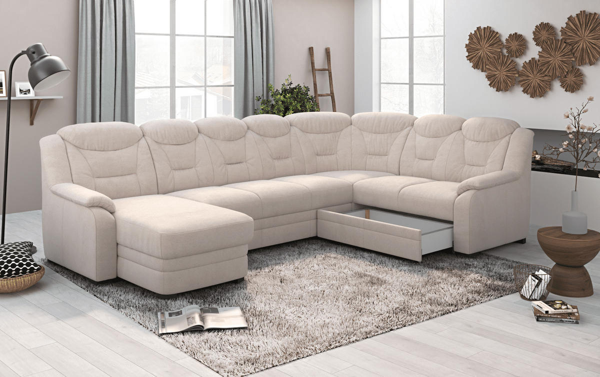 WOHNLANDSCHAFT mit Schlaffunktion und Bettkasten – weiches Chenille-Gewebe - Sandfarben/Beige, Holz/Kunststoff (211/99/330cm) - Cotta