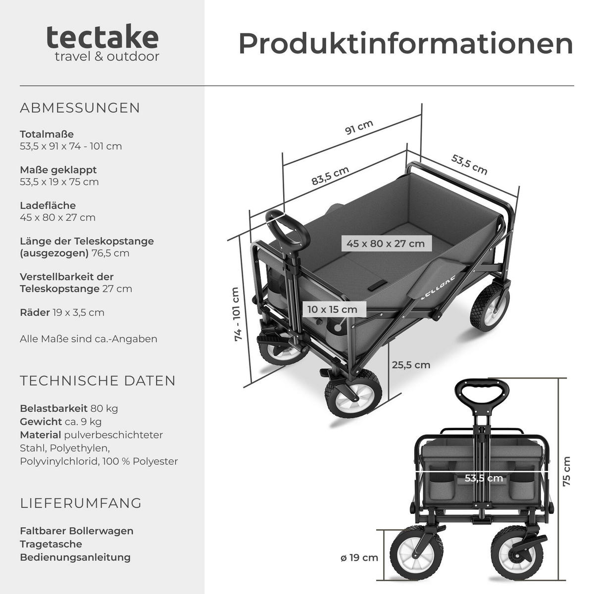 BOLLERWAGEN Leon, inklusive Tragetasche, Belastbarkeit 80 kg, grau - Grau, Kunststoff (53.5/101/91cm) - tectake