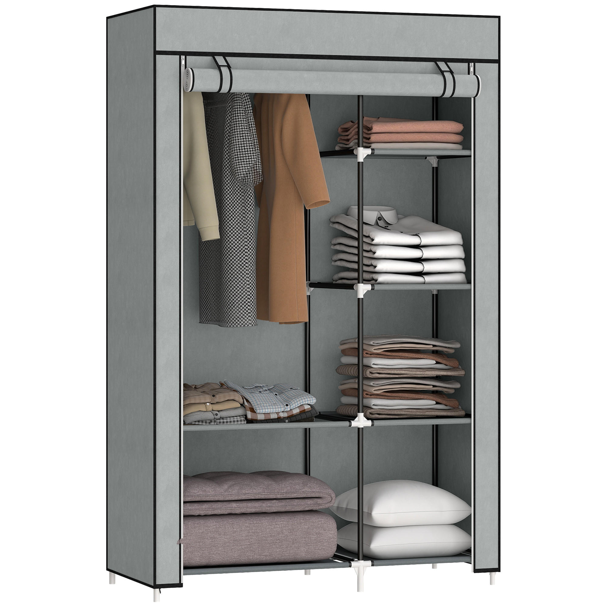 STOFFSCHRANK mit 6 Regalen und Kleiderstange, faltbare Aufbewahrungslösung für Schlafzimmer, Hellgrau - Hellgrau, Metall (103/162.5/43cm)