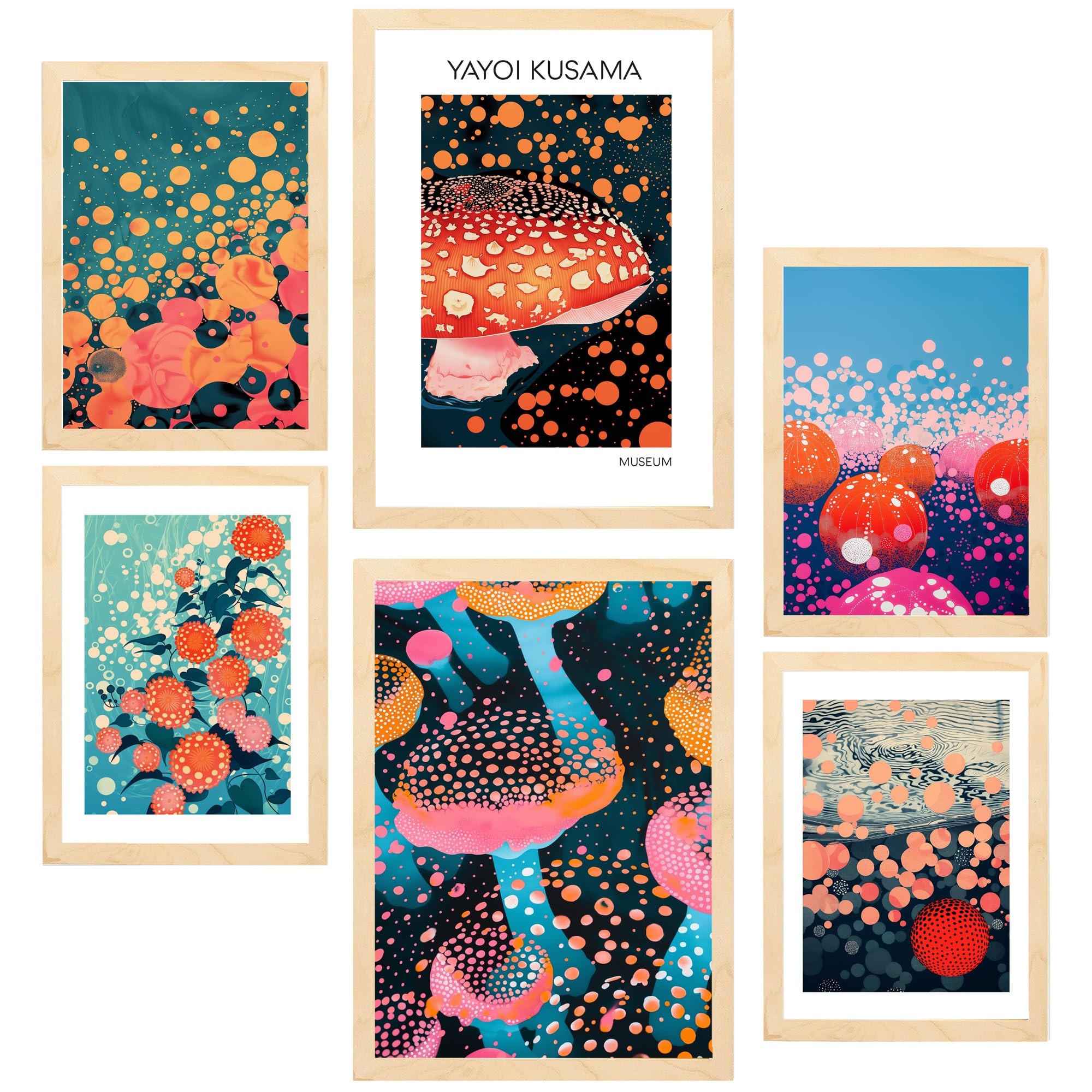 POSTER Set Mit 6 Yayoi Kusama Pilz Wasserblume Japanise A3 & A4 Rahmen Aus Hellem Holz - Beige, Papier (29/3cm) - Nacnic