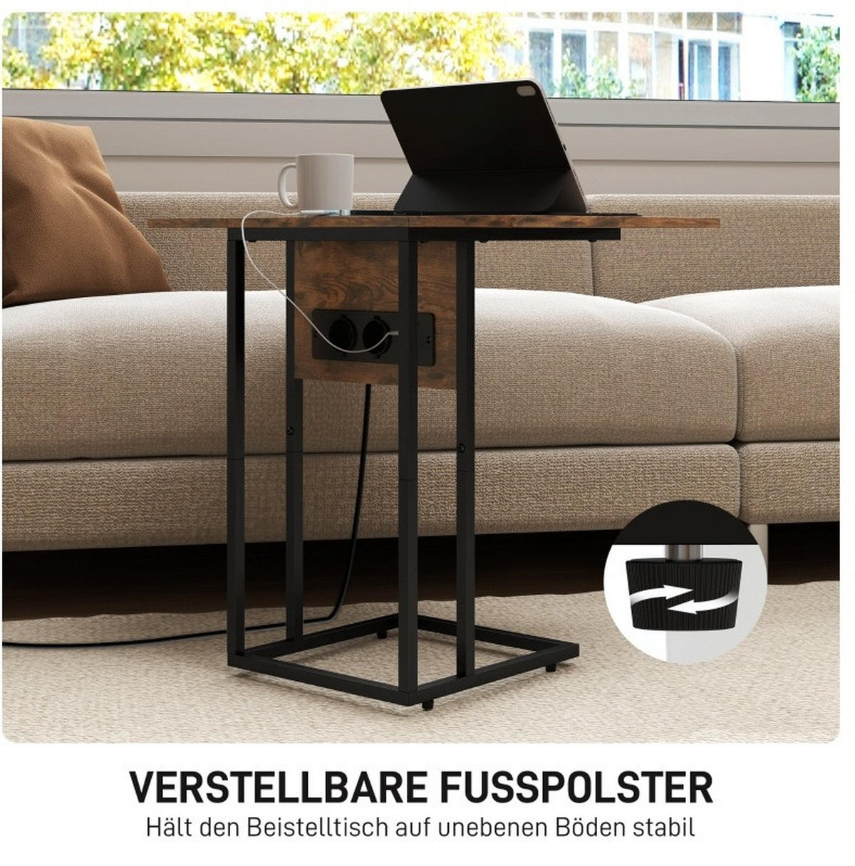 BEISTELLTISCH klappbar mit Ladestation 39 x 29/58 x 57 cm Braun Schwarz - Braun, Holz (39/29/57cm) - Meubliv
