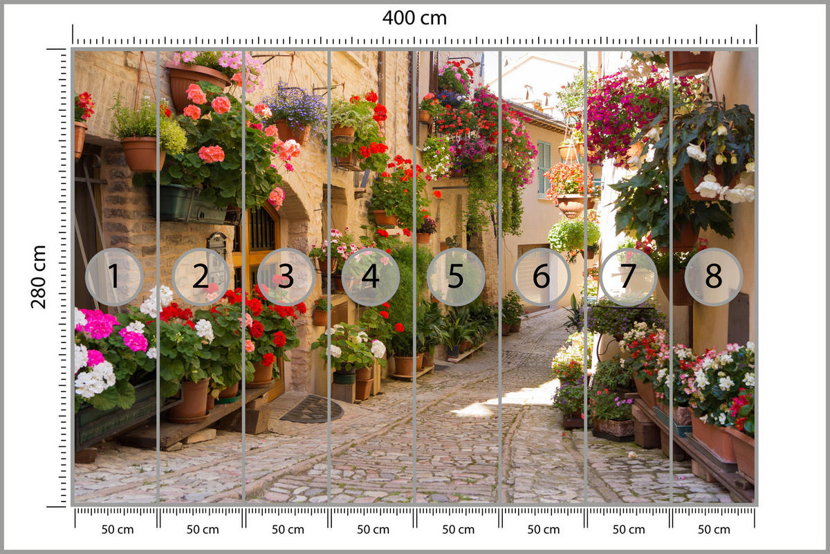 FOTOTAPETE für Wohnzimmer Italienische Steinstraße Blumen Pflanzen 400x280 - Beige/Rot, Papier (400/280cm) - Muralo