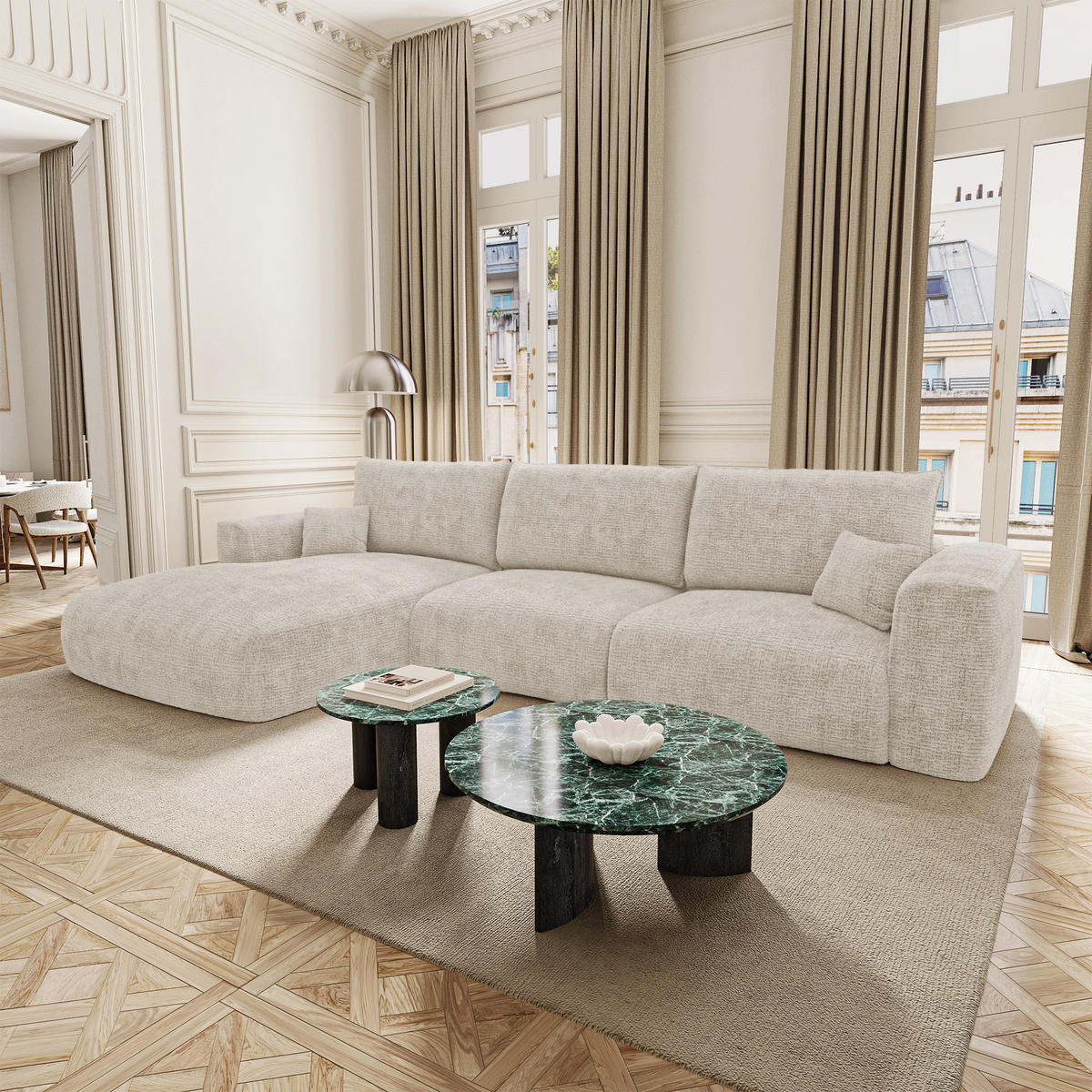 SCHLAFSOFA Express COMO Köpergewebe mit weichem Griff Creme 300cm - Creme, Textil (300/165cm) - Premium Interiors