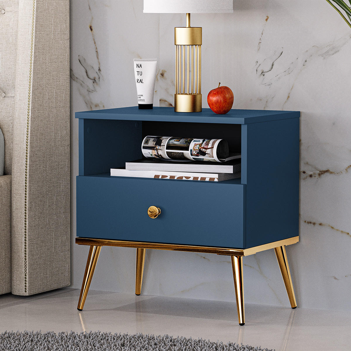 NOČNÍ STOLEK Thalia Modrá - modrá, kompozitní dřevo (50/53/34cm) - Petits-meubles