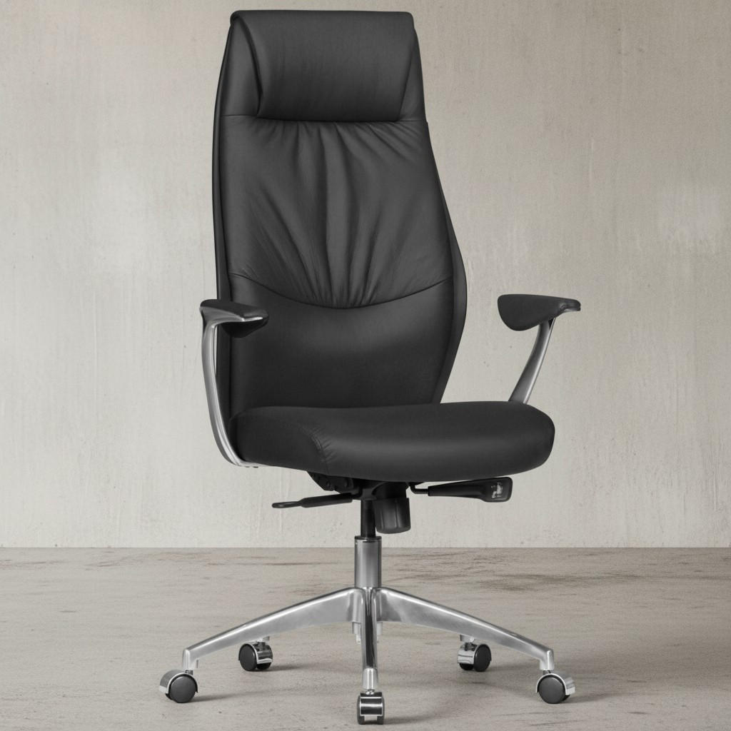 CHEFSESSEL Echtleder mit 3-Stufen-Synchronmechanik und Aluminiumfußkreuz TEMZA, Schwarz 67x58x125 cm - Silberfarben/Schwarz, Leder/Metall (67/125/58cm) - KADIMA DESIGN