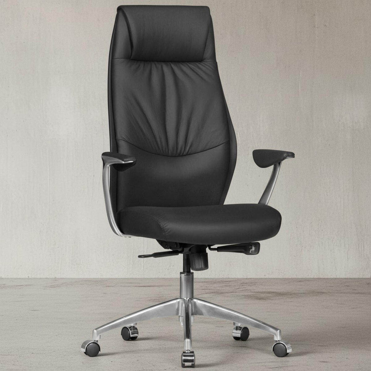 CHEFSESSEL Echtleder mit 3-Stufen-Synchronmechanik und Aluminiumfußkreuz TEMZA, Schwarz 67x58x125 cm - Silberfarben/Schwarz, Leder/Metall (67/125/58cm) - KADIMA DESIGN