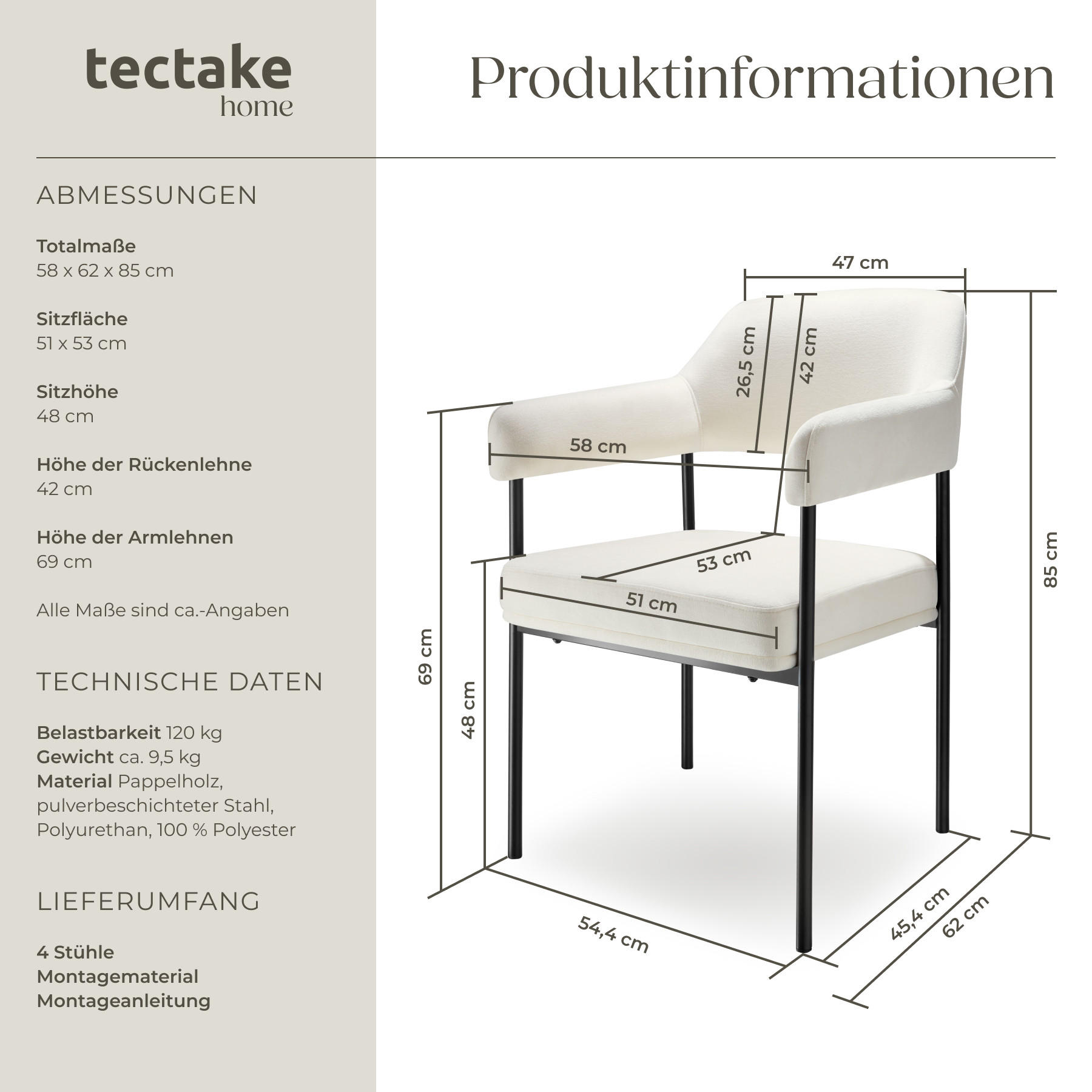 Thumbnail - tectake Armlehnstuhl, Weiß, Schwarz, Textil, Pappel, 58x85x62 cm, Esszimmer, Stühle, Esszimmerstühle, Armlehnenstühle