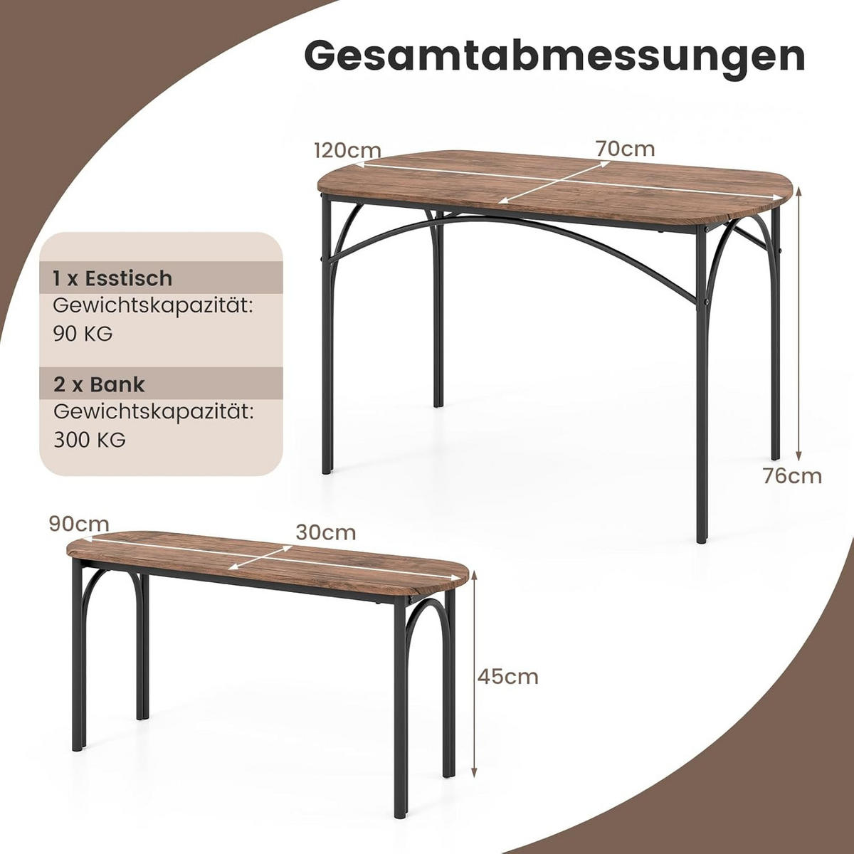 ESSGRUPPEN dunkelbraun(3-teilig) - Dunkelbraun, Holzwerkstoff (70/76/120cm) - COSTWAY
