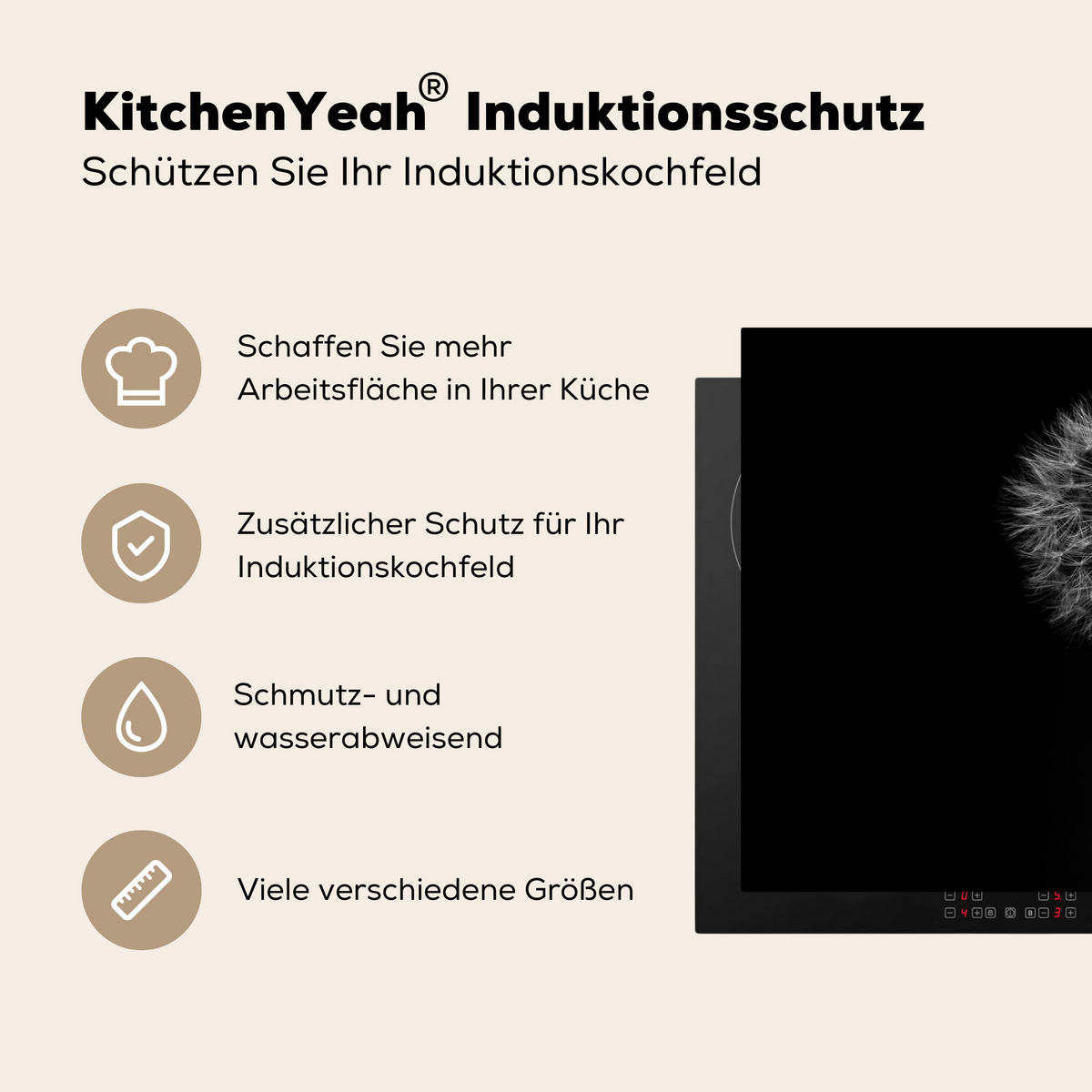 HERDABDECKPLATTE Löwenzahn - Schwarz - Floral - Botanisch 81x52 cm - Grau, Kunststoff (81/0.2/52cm) - MuchoWow