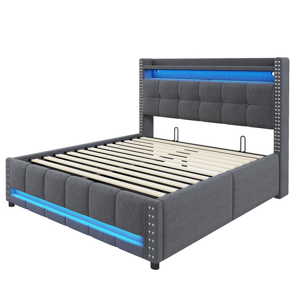 Redom ČALOUNĚNÁ postel 140/200 cm s LED osvětlením, USB portem, policemi v čele a hydraulickým úložným prostorem, Šedá