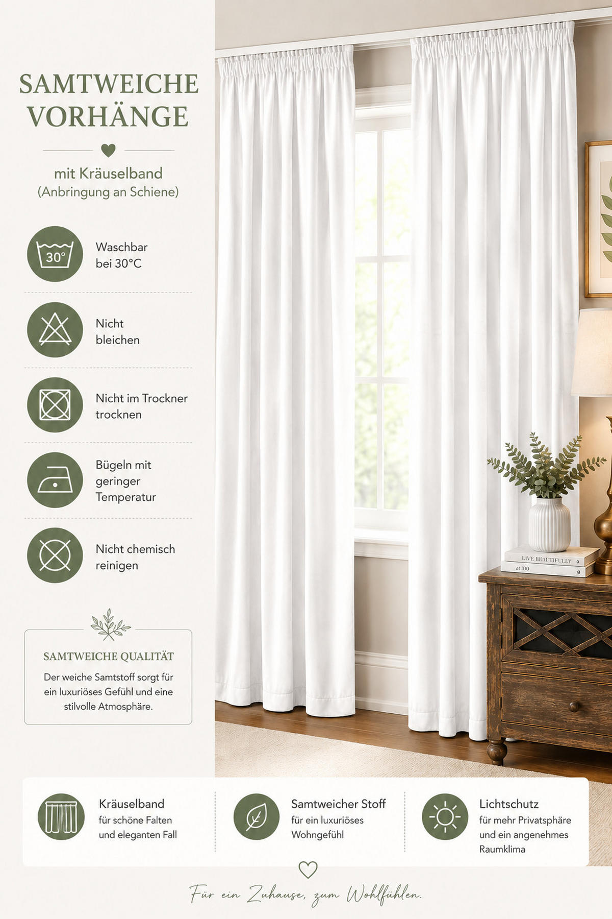 VORHANG Kräuselband Samt 140/145 cm weiß - Weiß, Textil (140/145cm) - TiborTex