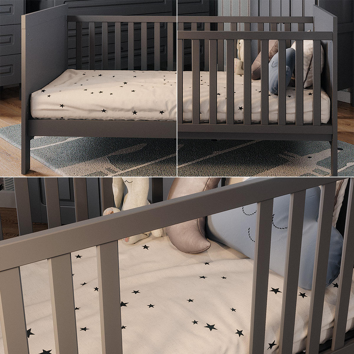 BABYBETT Ajaton Grau 144.4 x 83 cm mit Matratze - Grau, Holzwerkstoff (144.4/83/80.8cm) - VitaliSpa