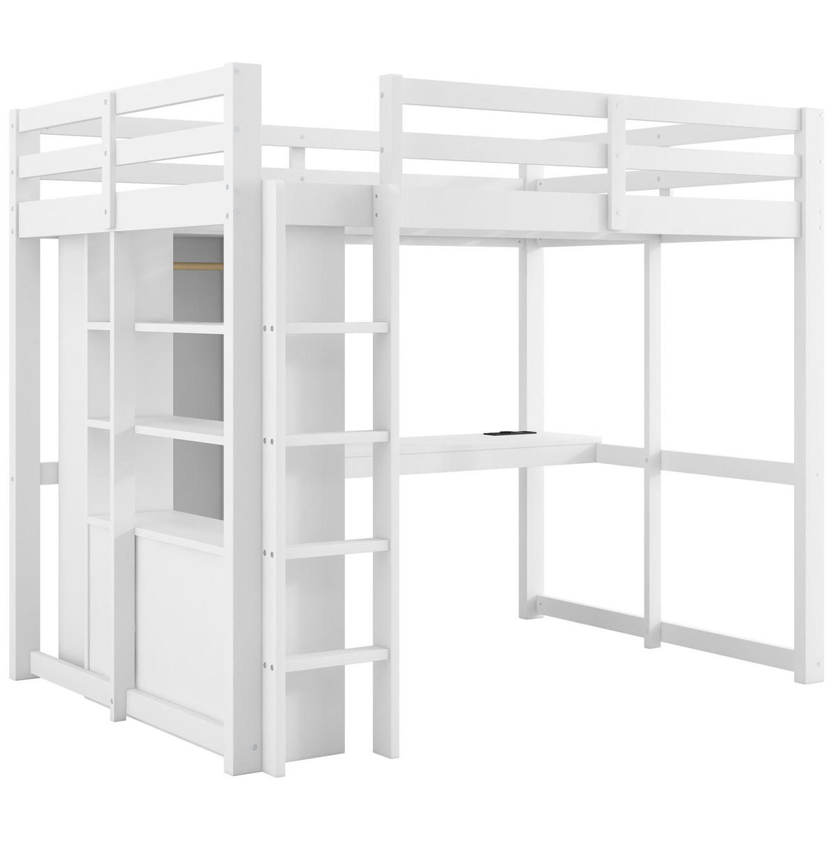 HOCHBETT 140/200 cm, weiß, mit Schreibtisch, 2 Schubladen, Regalen, LED und USB - Weiß, Holz (140/200cm) - MIVRAY