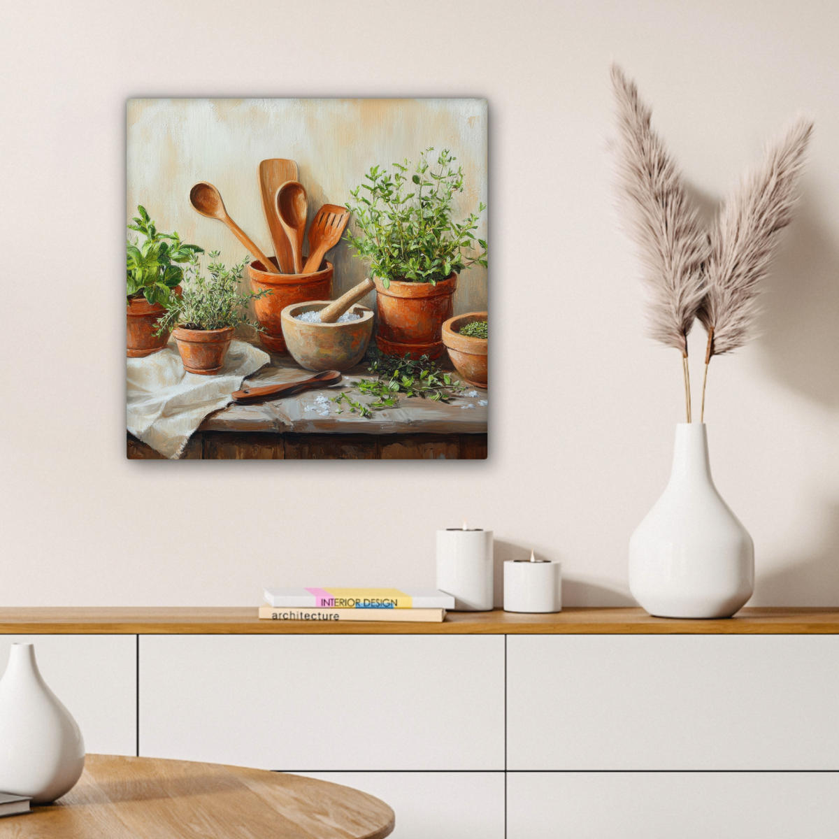 LEINWANDBILD Töpfe - Kräuter - Holz 50x50 cm - Terracotta, Textil (50/50cm) - MuchoWow