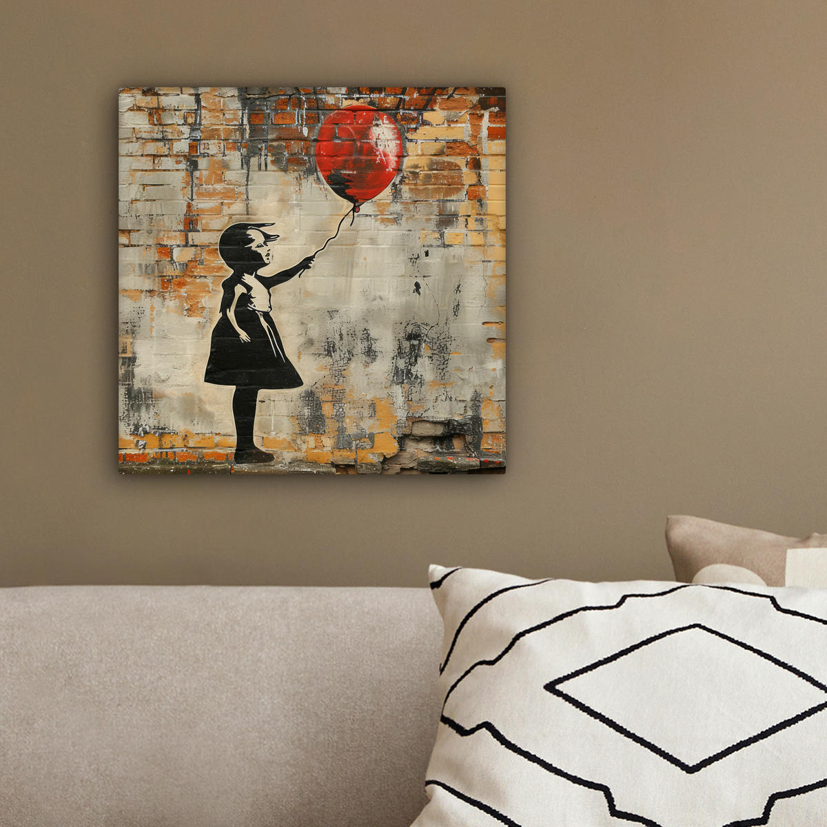 LEINWANDBILD Graffiti - Banksy - Mädchen - Straßenkunst 20x20 cm - Sandfarben, Textil (20/20cm) - MuchoWow