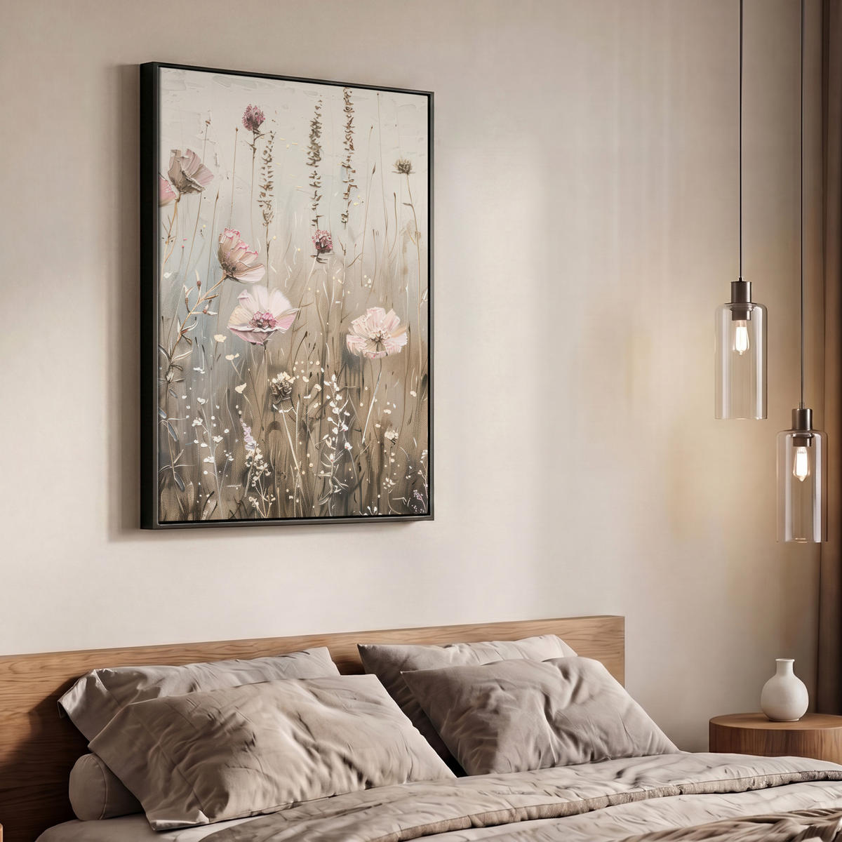 LEINWAND Bilder mit Rahmen - Blumen - Rosa - Modern - Beige - 70x100 - Beige, Textil (70/100cm) - MuchoWow