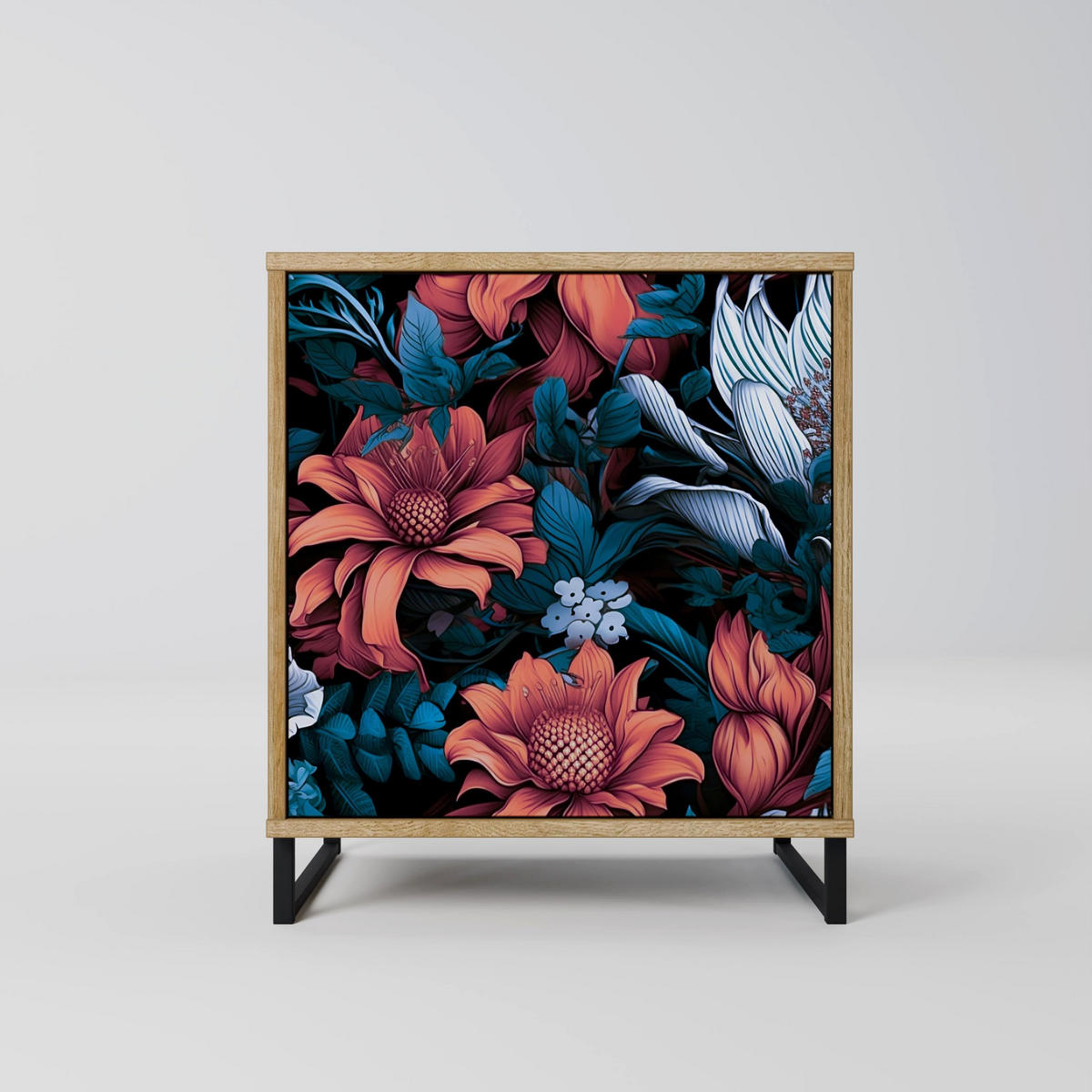 SIDEBOARD ETHEREAL BLOSSOMS, Eichefarben, 57,5x42x67,5 cm, Schwarze Metall-Rahmenfüße - Eichefarben/Multicolor, Holzwerkstoff/Metall (57.5/67.5/42cm) - SpaceRebels