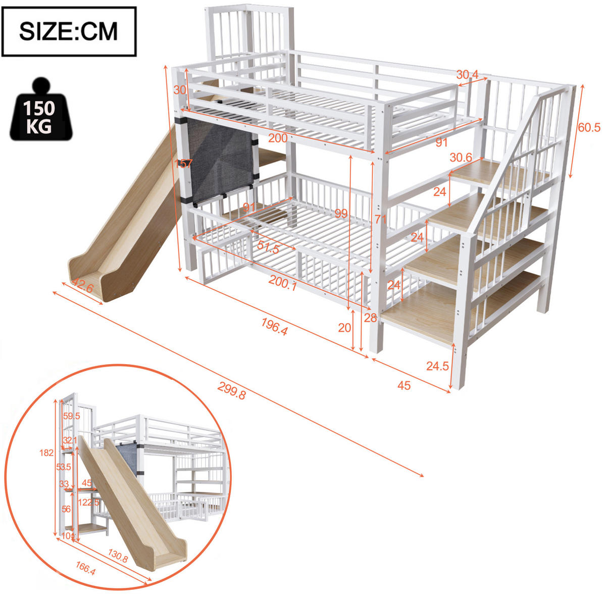 ETAGENBETT 90/200 cm Weiß mit Rutsche und Stauraumtreppe aus Metall - Weiß, Metall (90/200cm) - Flora Grace