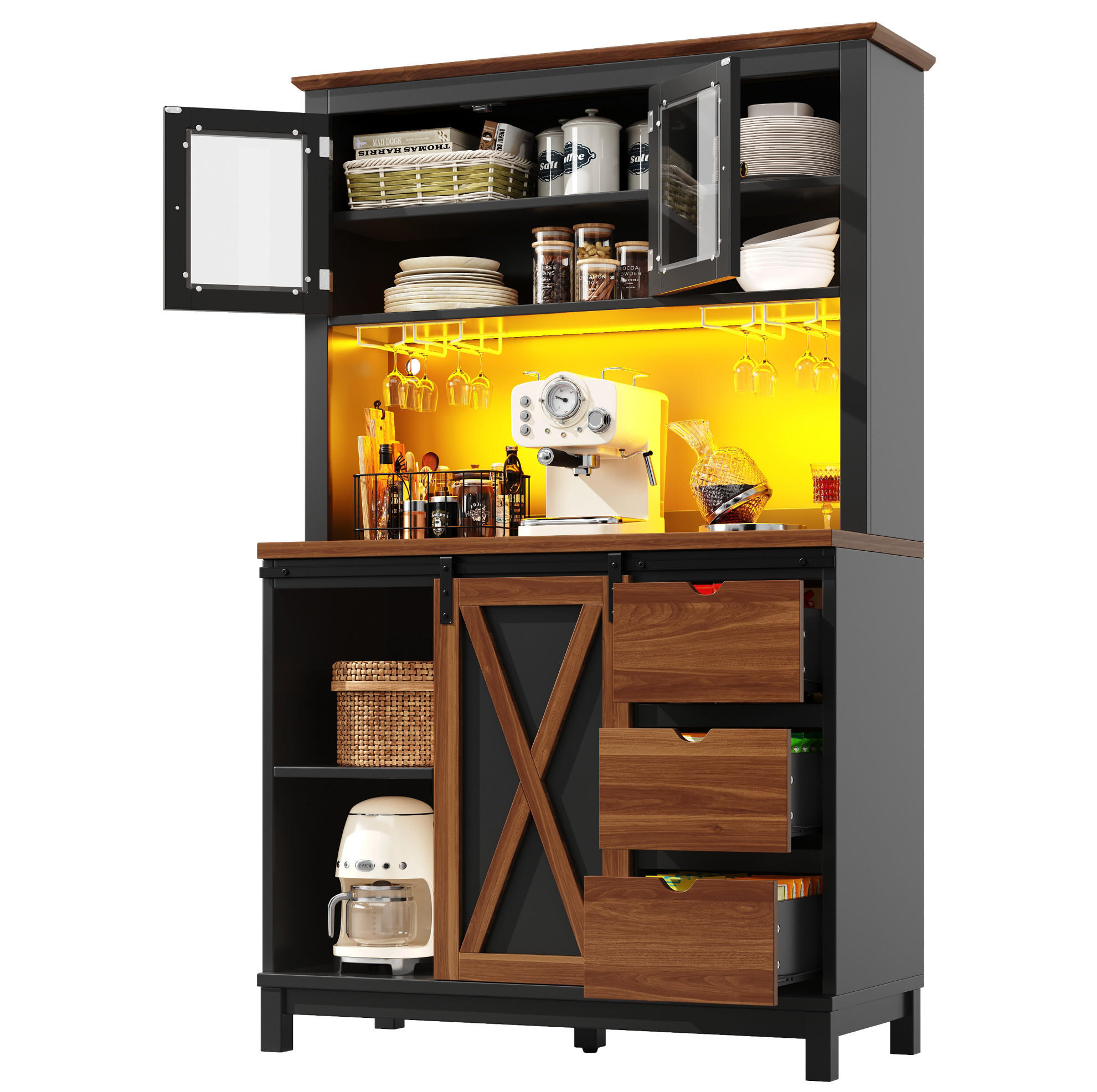 HOCHSCHRANK 104/40/180 cm mit LED-Beleuchtung, Schiebetür und verstellbaren Einlegeböden, Glasfront aus MDF/Metall, Schwarz - Schwarz, Glas (104/180/40cm) - Redom