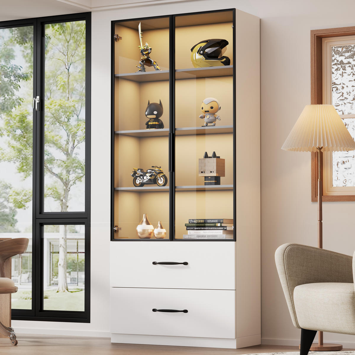 VITRINE 60cm Glas LED Aluminium Hartglas 2 Türen Schubladen modern - Weiß, Holzwerkstoff (60/160/40cm) - FLIEKS
