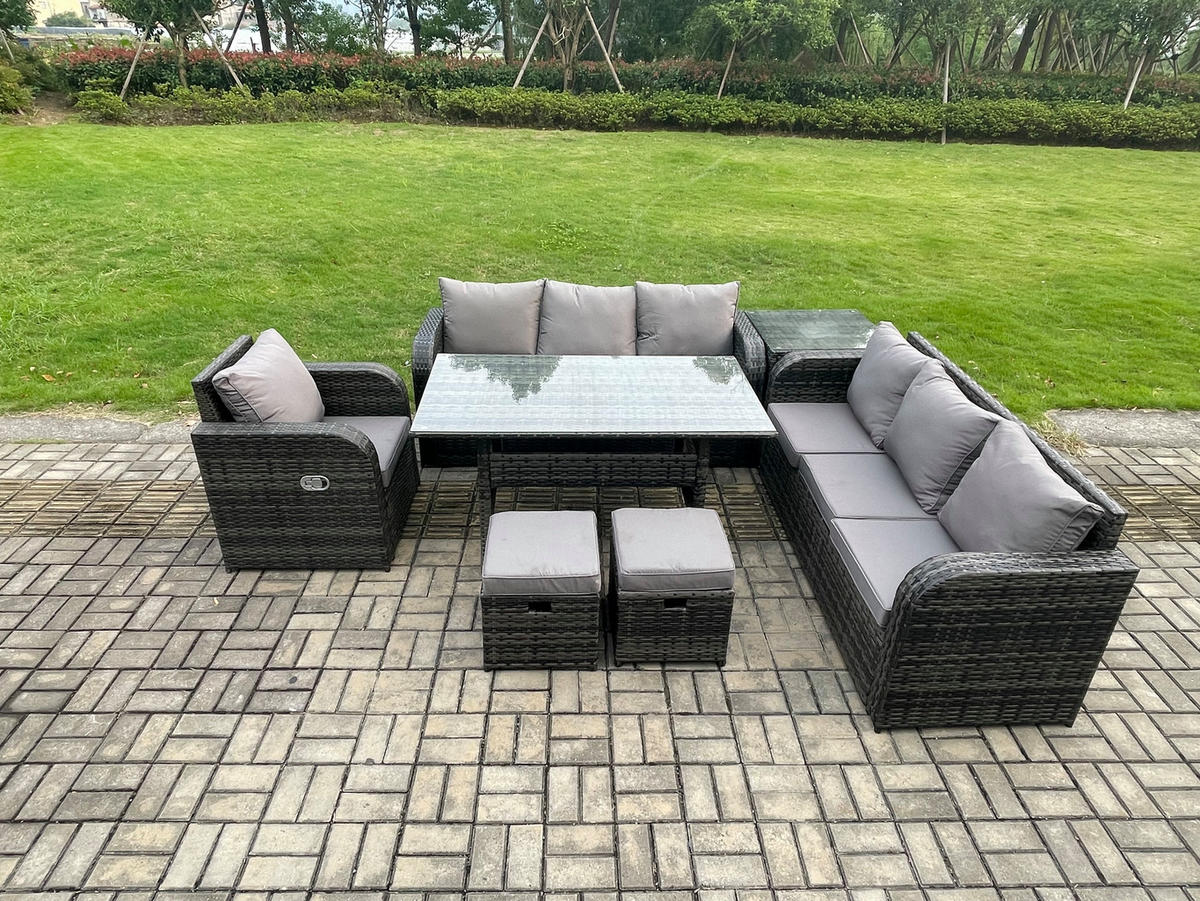 GARTENTISCHGRUPPE mit Beistelltisch Polyrattan Dunkelgrau 9-Sitzer - Dunkelgrau/Grau, Glas/Kunststoff - Fimous