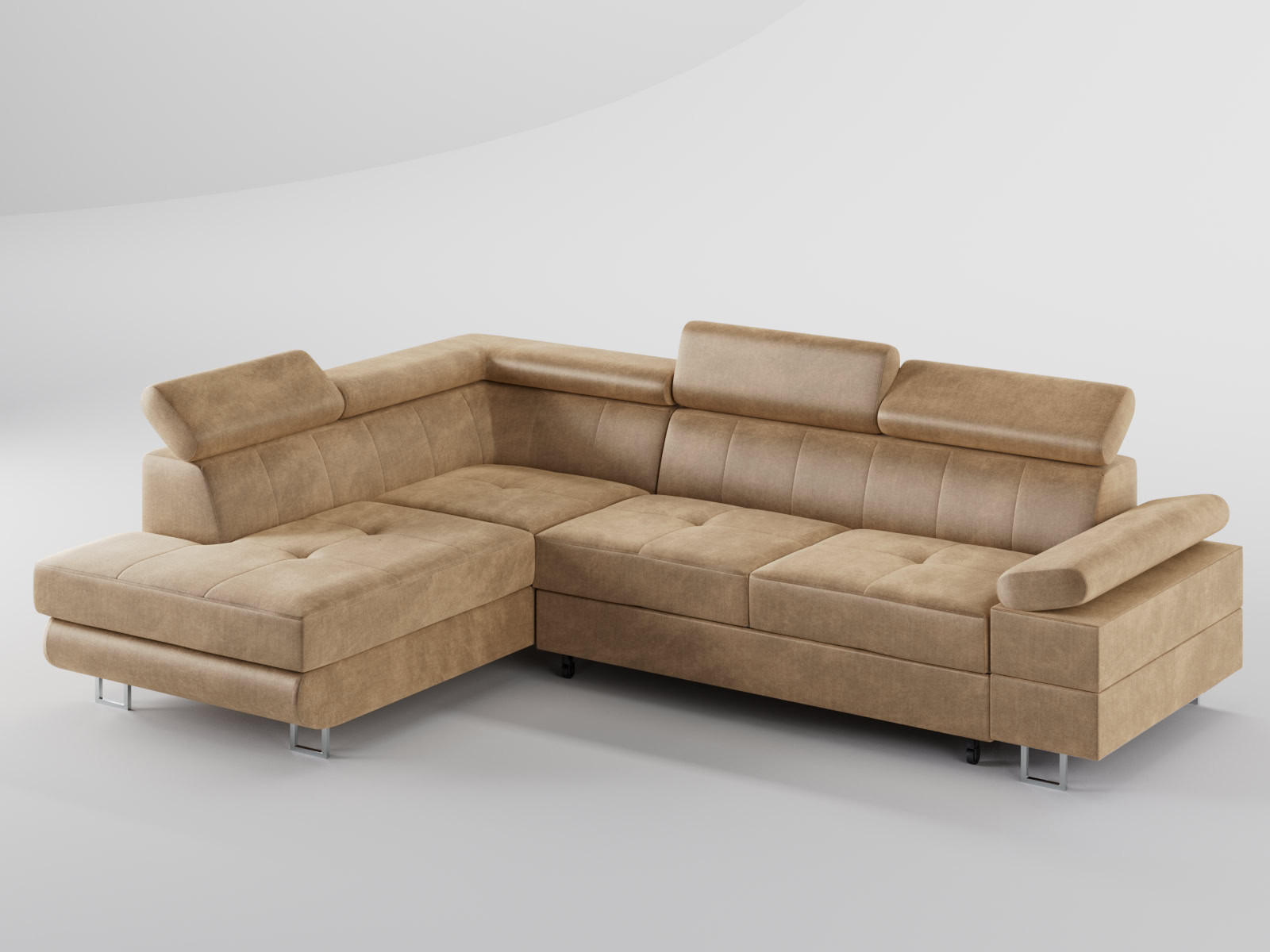 ECKSOFA CAROLINE Links Beige Velours-Stoff mit Schlaffunktion und Bettkasten - Chromfarben/Beige, Textil (253/190cm) - Barchello