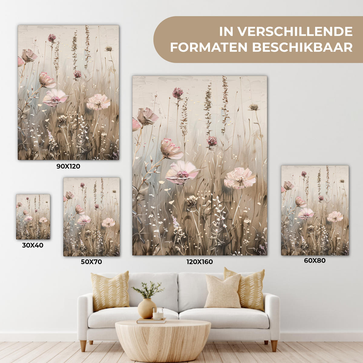 LEINWANDBILD Blumen - Rosa - Modern - Beige 60x80 cm - Beige, Textil (60/80cm) - MuchoWow