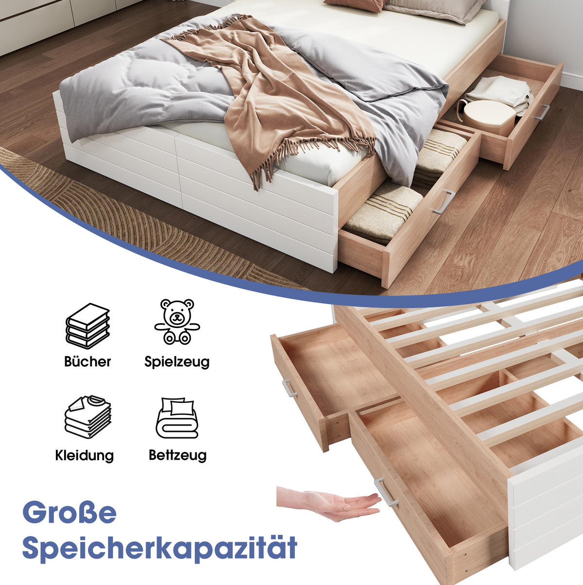 POLSTERBETT aus Massivholz und MDF 140x200 cm in Weiß mit 2 Schubladen - Weiß, Holzwerkstoff (140/200cm) - Modfu