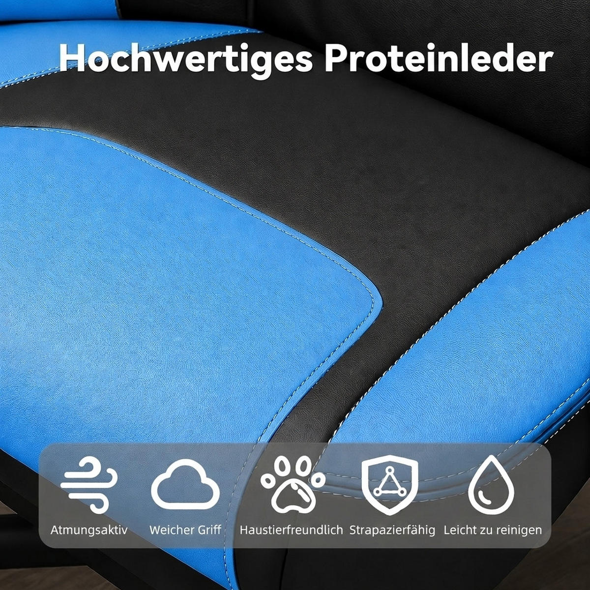 GAMING-STUHL schwarz-blau ergonomisch mit ausziehbarer Fußstütze, Nacken- und Lendenkissen, höhenverstellbar - Blau, Leder (54/116/61cm) - BRILVERDE