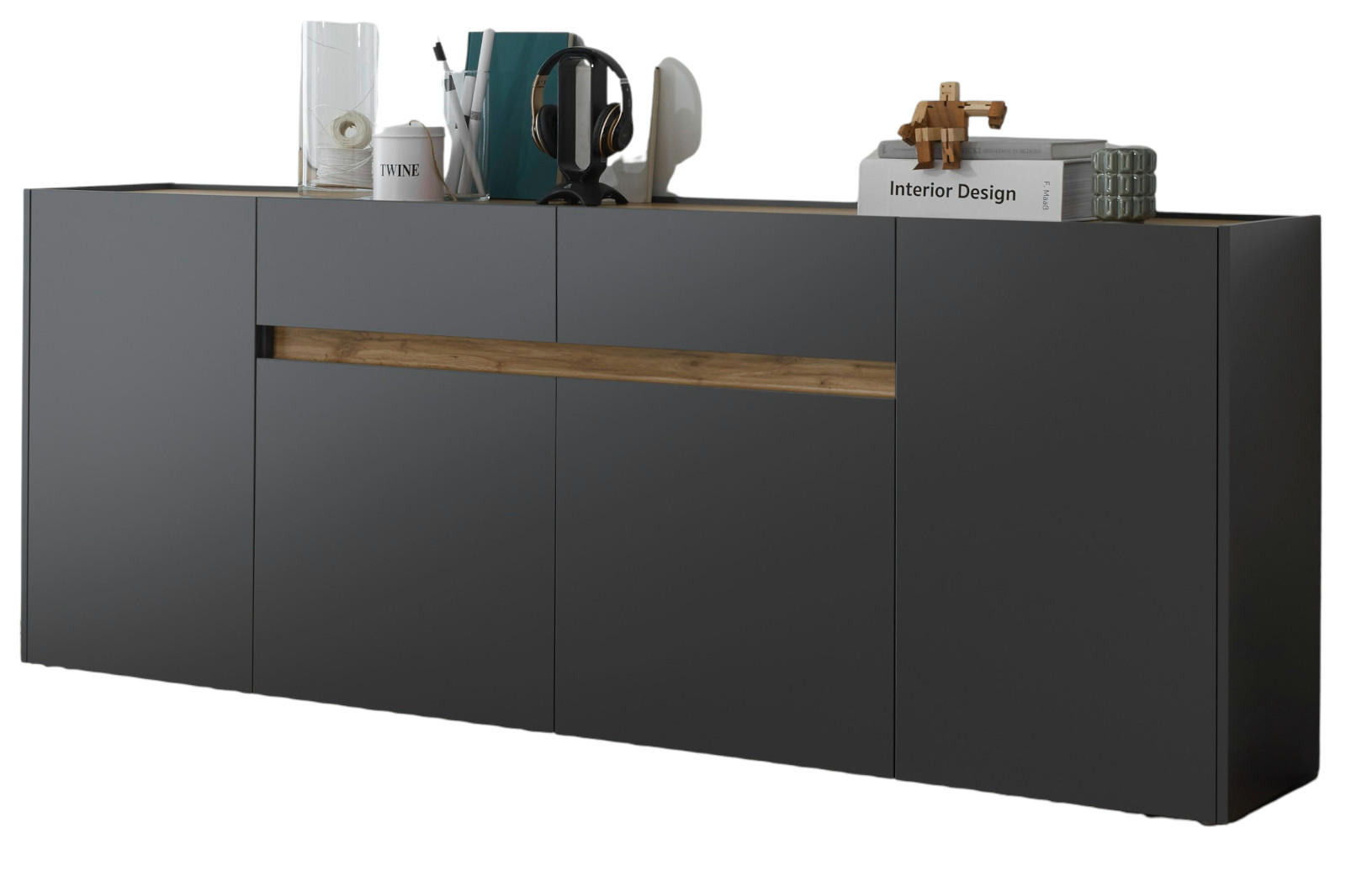SIDEBOARD grau matt, Wotan Eiche, Kommode, 220 x 87 cm - Anthrazit/Eiche Wotan, Holz/Holzwerkstoff (223/86/40cm) - Furn.Design