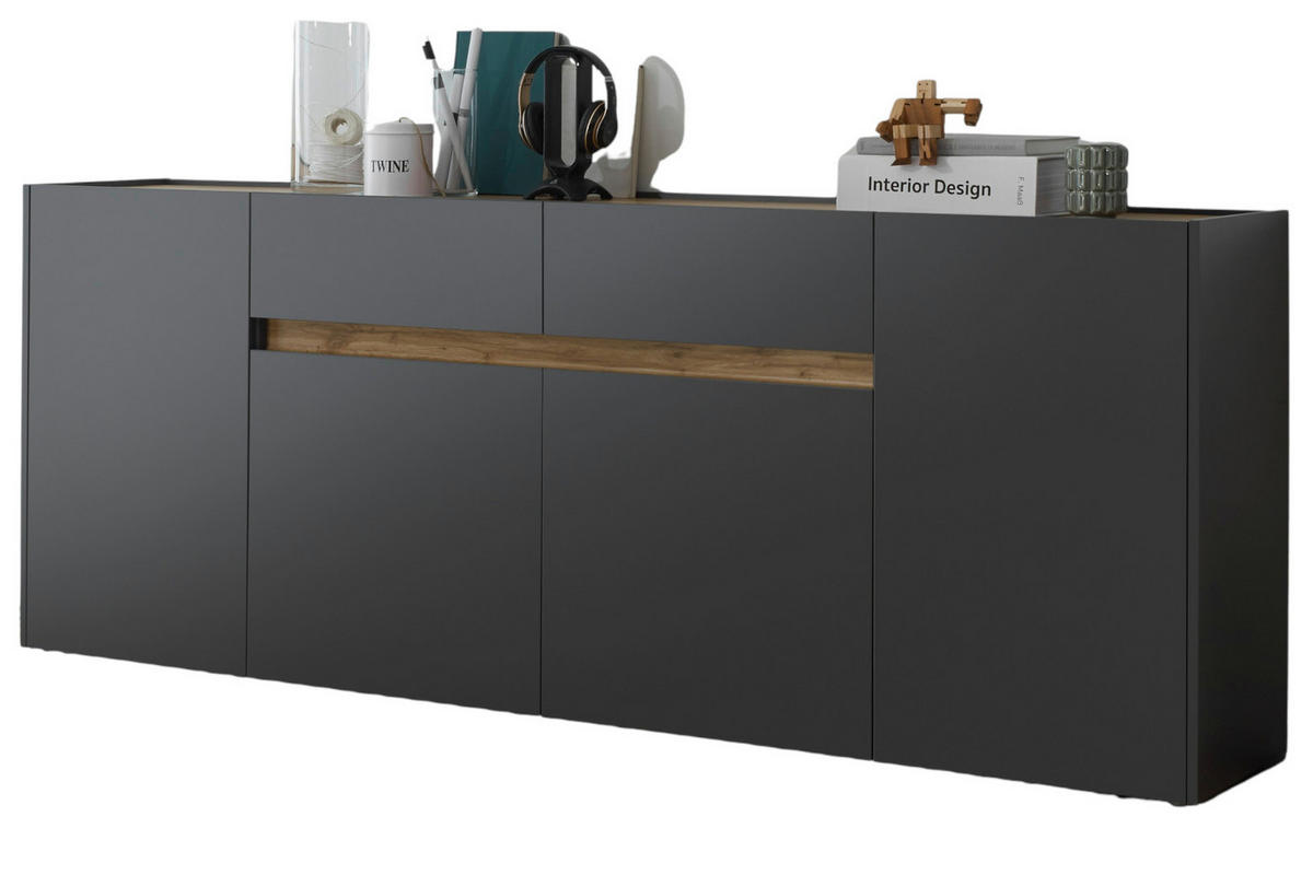 SIDEBOARD grau matt, Wotan Eiche, Kommode, 220 x 87 cm - Anthrazit/Eiche Wotan, Holz/Holzwerkstoff (223/86/40cm) - Furn.Design