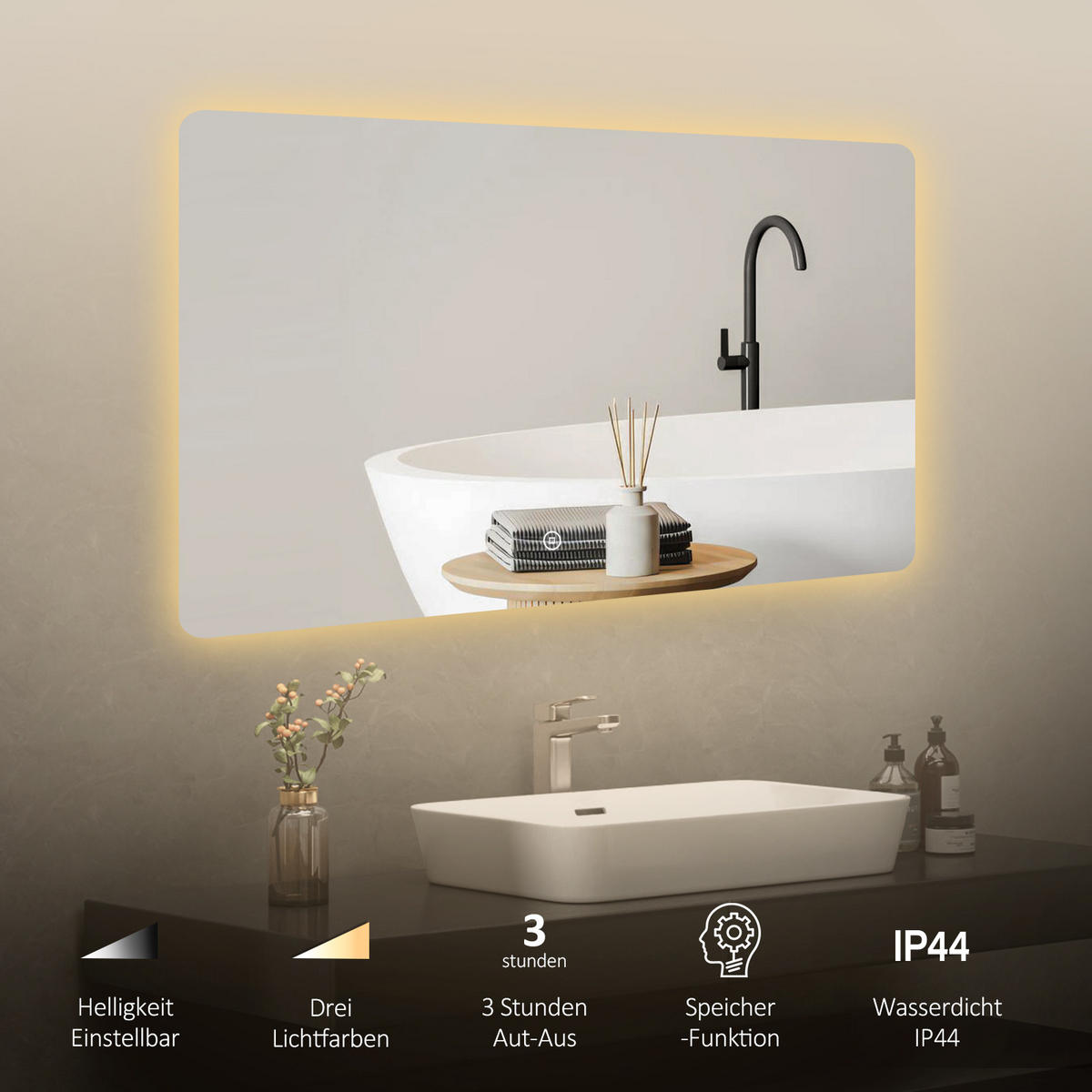 BADSPIEGEL mit Touch-Schalter Beleuchtung Rechteckig 100/60 cm - Weiß, Glas (60/3/100cm) - EMKE
