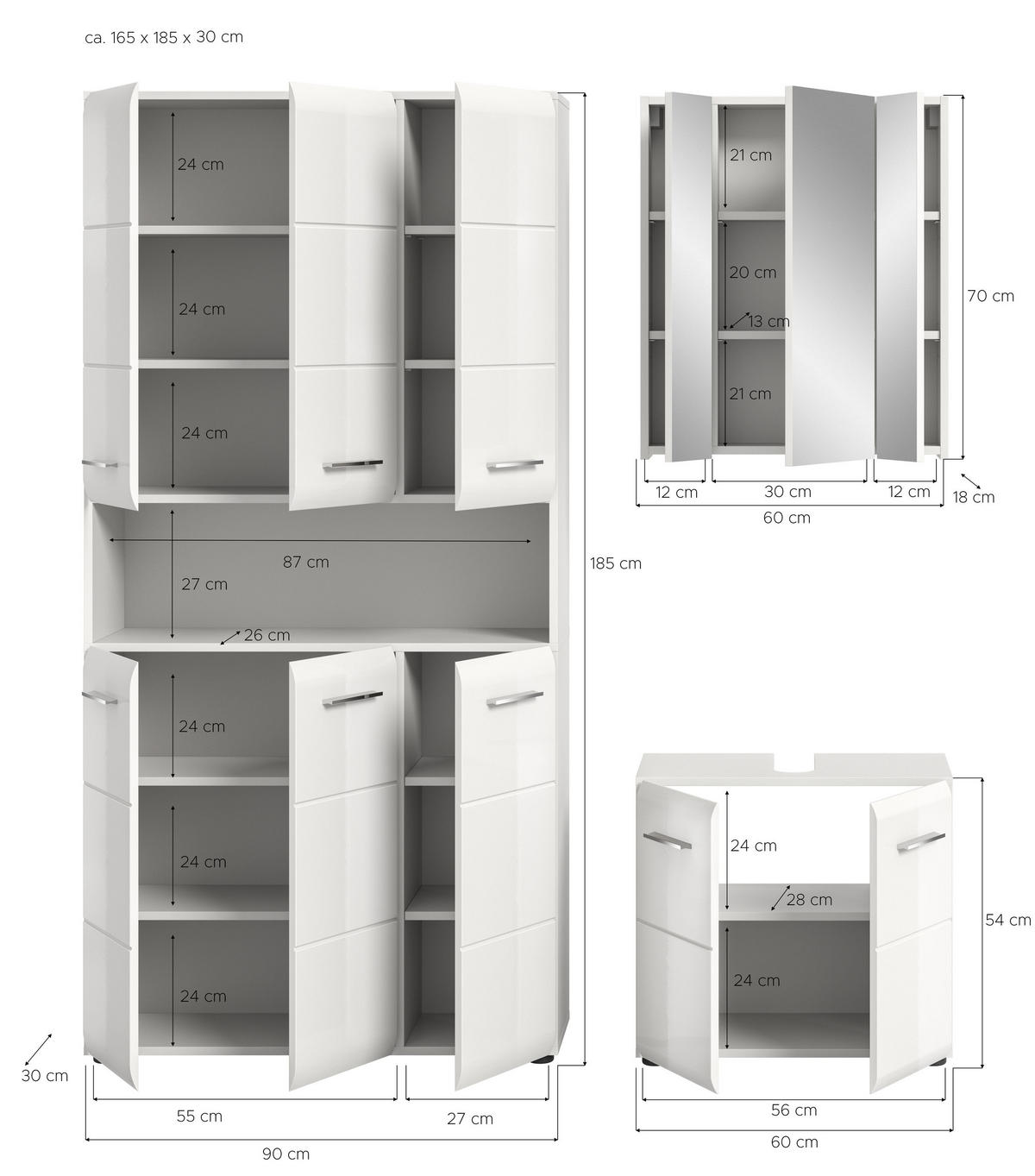 BADKOMBINATION 3 tlg. Ice Bad in weiß Nachbildung und weiß hochglanz B/H/T: 165x185x30 cm - Weiß, Holz (165/185/30cm)