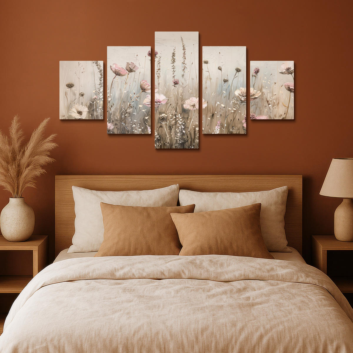 LEINWANDBILD 5er Set Blumen - Beige - Modern - Rosa 150x80 cm - Ecru, Textil (150/80cm) - MuchoWow