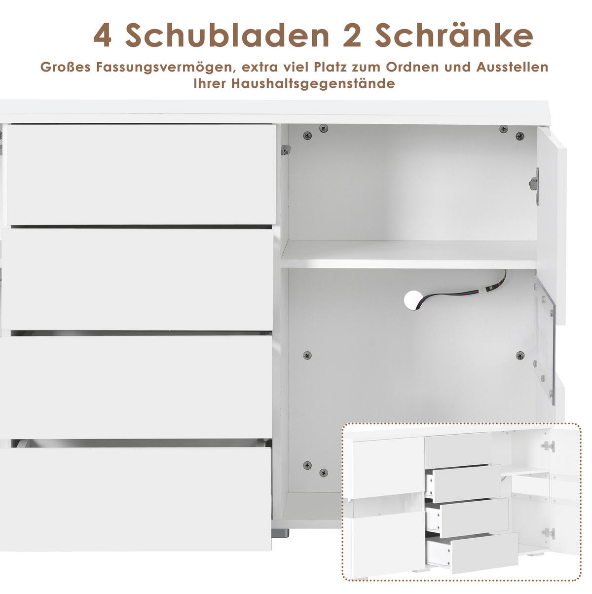 SIDEBOARD 140/35/72 cm in Weiß mit LED-Beleuchtung und 4 Schubladen - Weiß, Holzwerkstoff (145/72/35cm) - Flora Grace