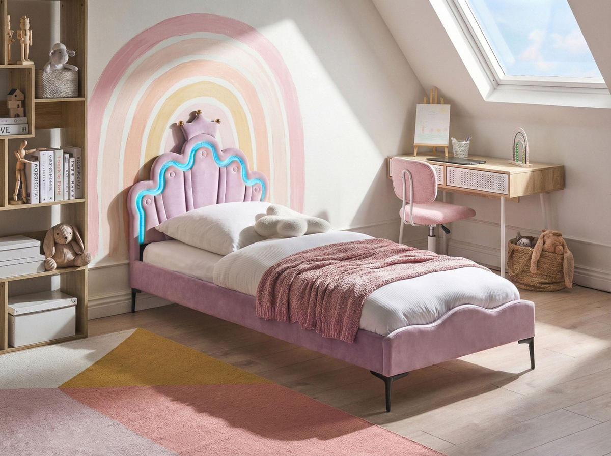 KINDERBETT Krone Samtstoff 90/200 cm mit LED-Beleuchtung Violett Rubian - Violett/Schwarz, Textil (90/200cm) - Beliani