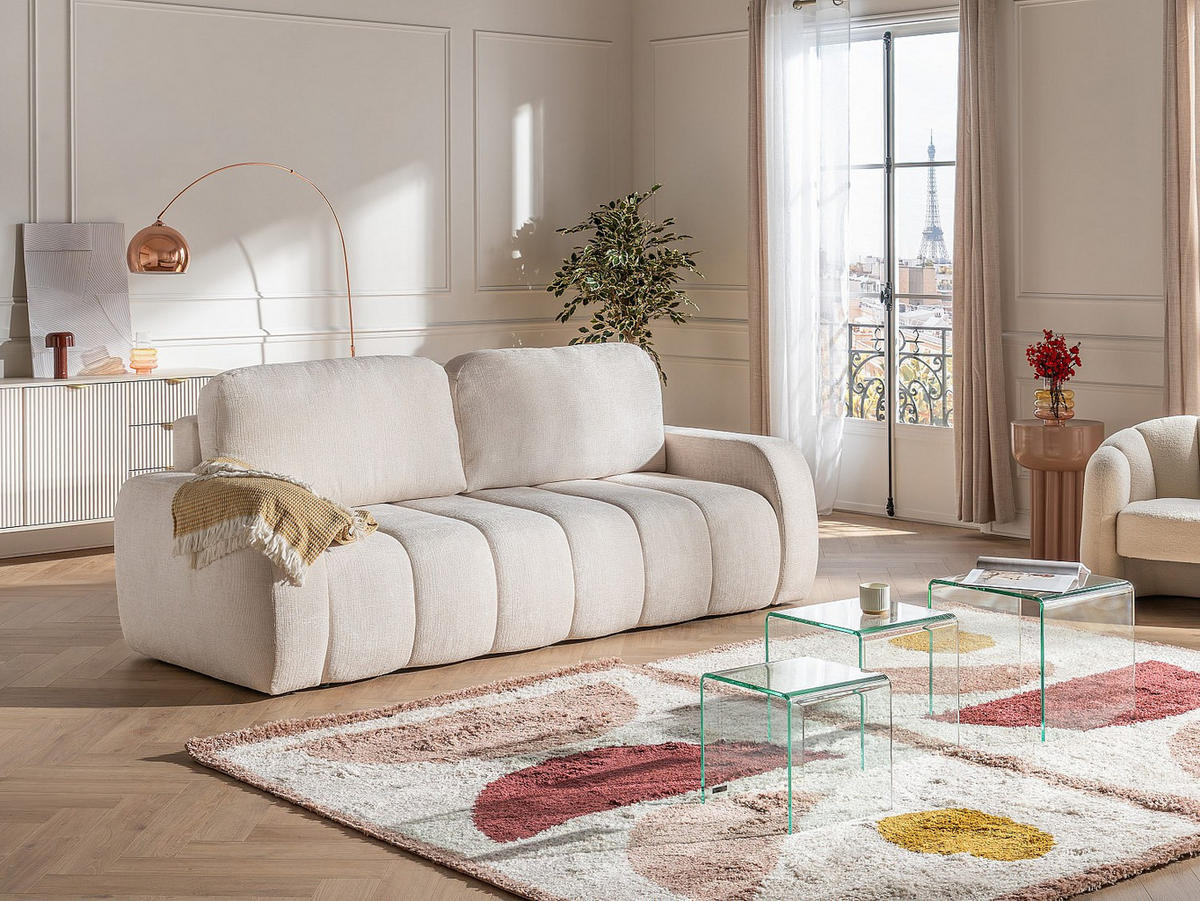 3-SITZER Schlafsofa aus Chenille-Stoff – Beige – TALIVO - Beige, Textil (256/99/105cm) - Vente-Unique