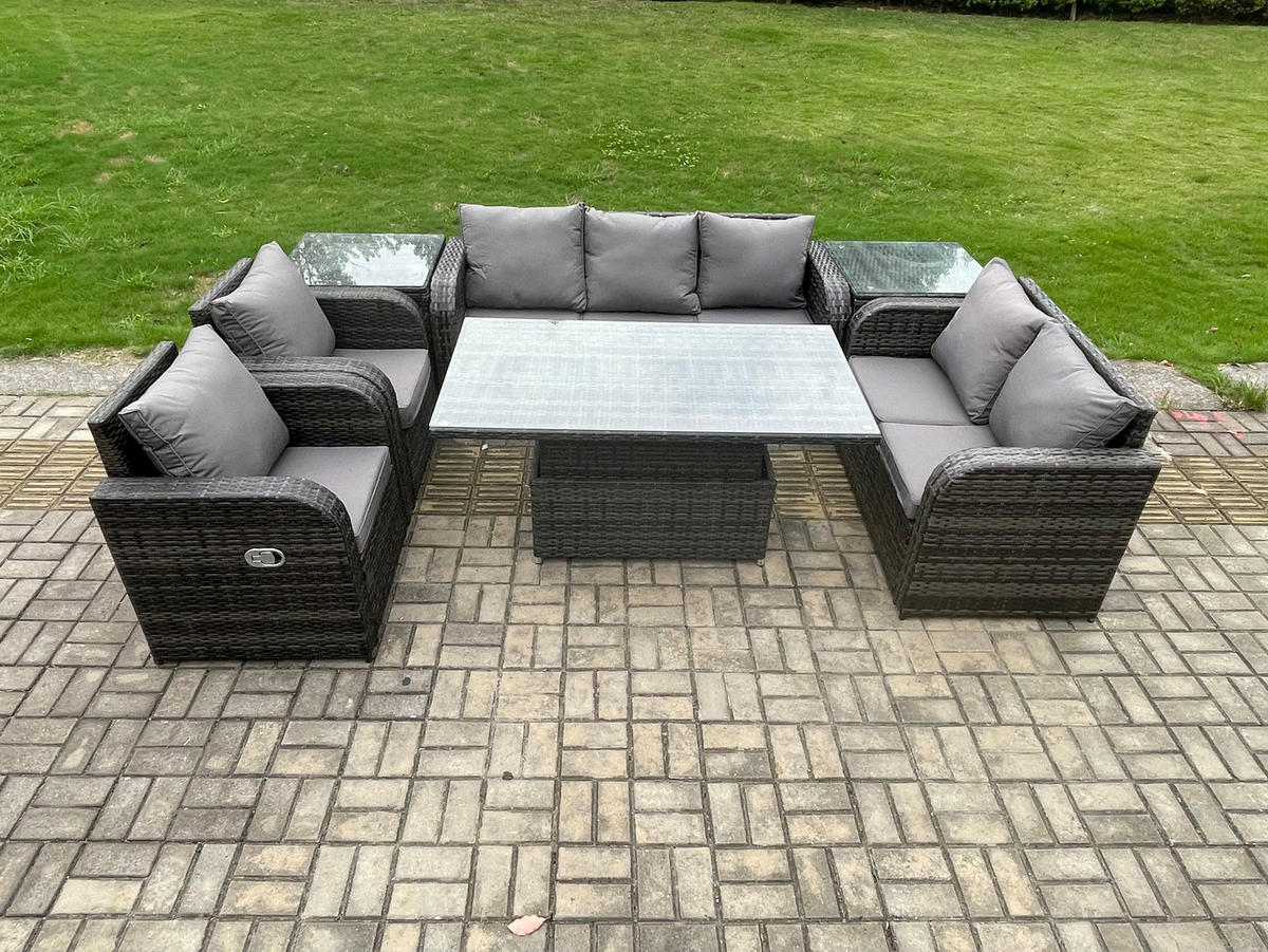LOUNGESOFA Polyrattan 7-Sitzer - Dunkelgrau/Grau, Glas/Kunststoff - Fimous