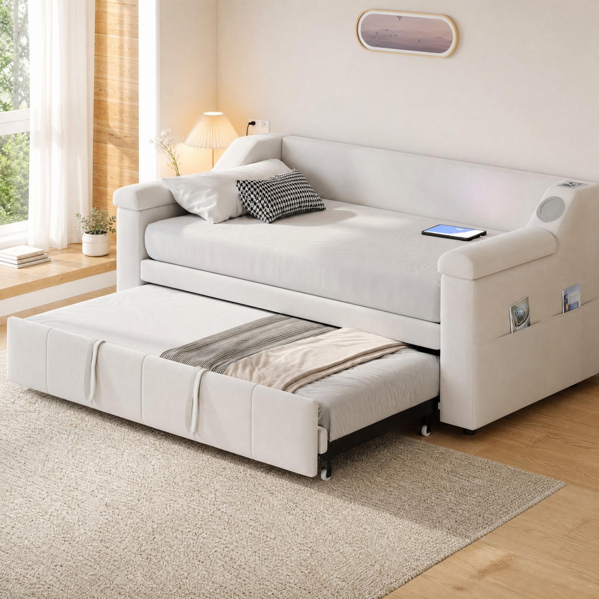 POLSTERBETT 90/190 mit Ausziehfunktion, Bluetooth, USB, Ablagefächern und Lattenrost in Beige - Beige, Holzwerkstoff/Textil (90/190cm) - EVRYAE