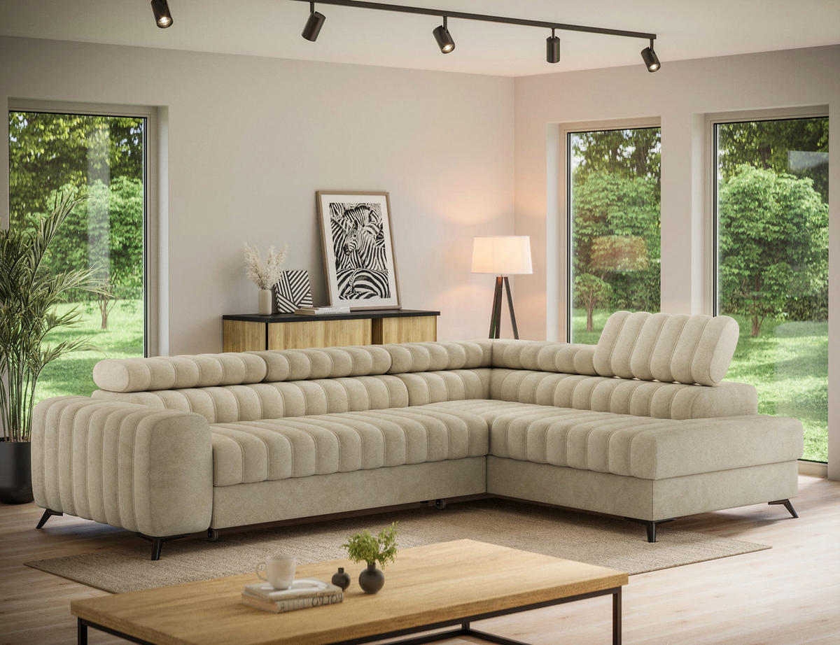 KANEDO Ecksofa mit Schlaffunktion und Bettkasten – Modernes Designsofa, verstellbare Kopfstützen, Metallfüße - Beige, Kunststoff (269/86cm) - Wohnideebilder