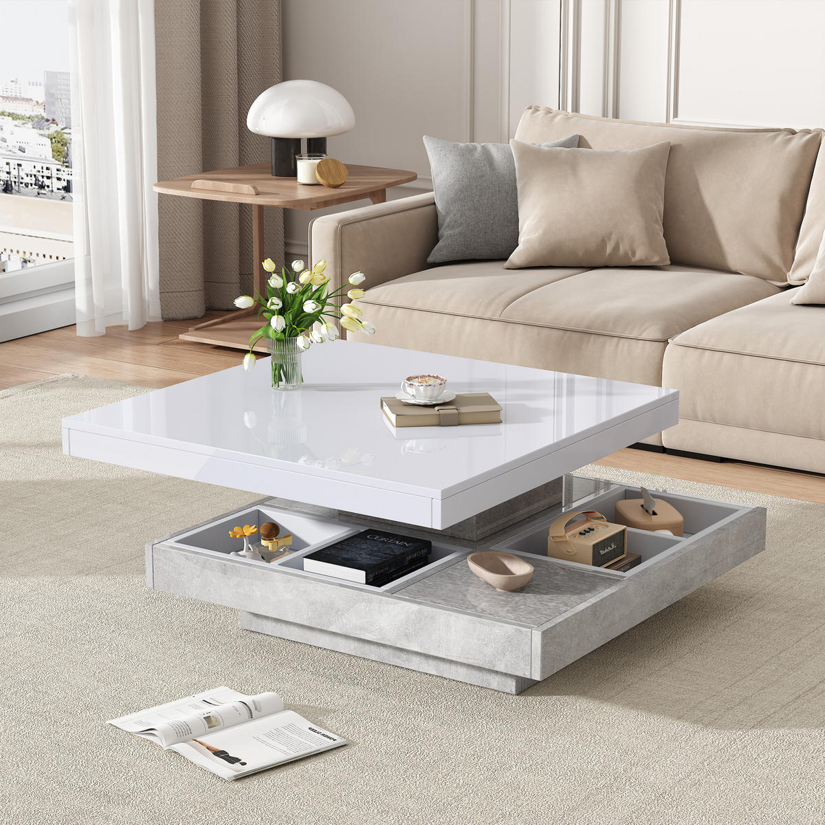 COUCHTISCH aus Spanplatte 70x70x36 cm in Weiß mit 360°-Drehfunktion - Weiß, Holzwerkstoff (70/70/36cm) - Modfu