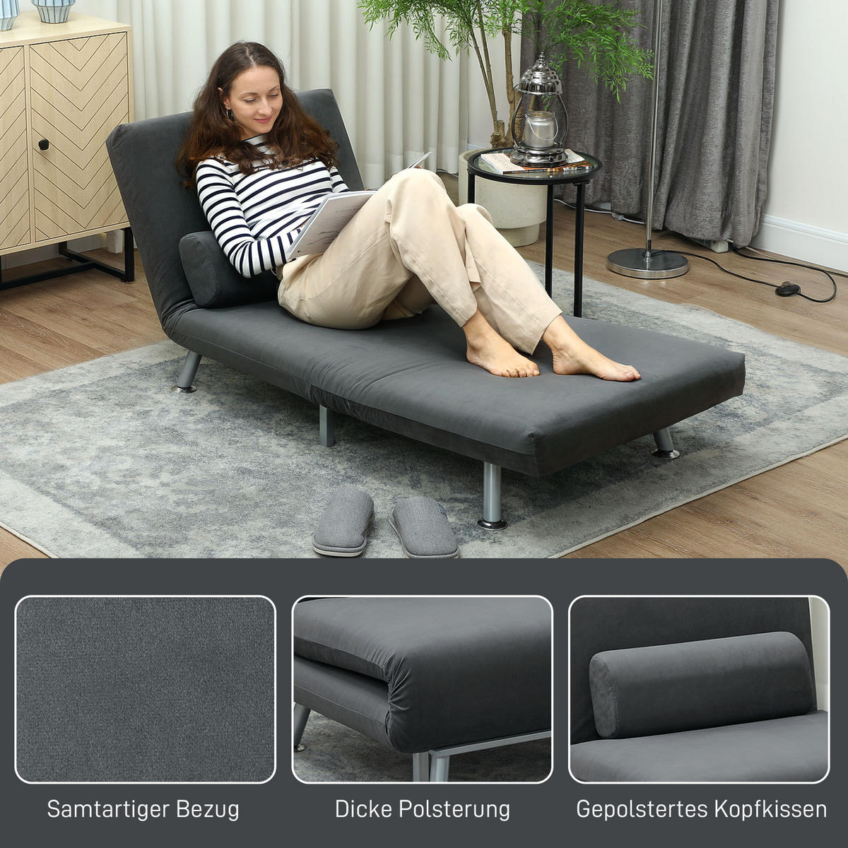 KLAPPBAR Schlafsessel Schlafsofa Klappmatratze Bett Gästebett Dunkelgrau - Dunkelgrau/Silberfarben, Textil/Metall (70/75/75cm) - HOMCOM