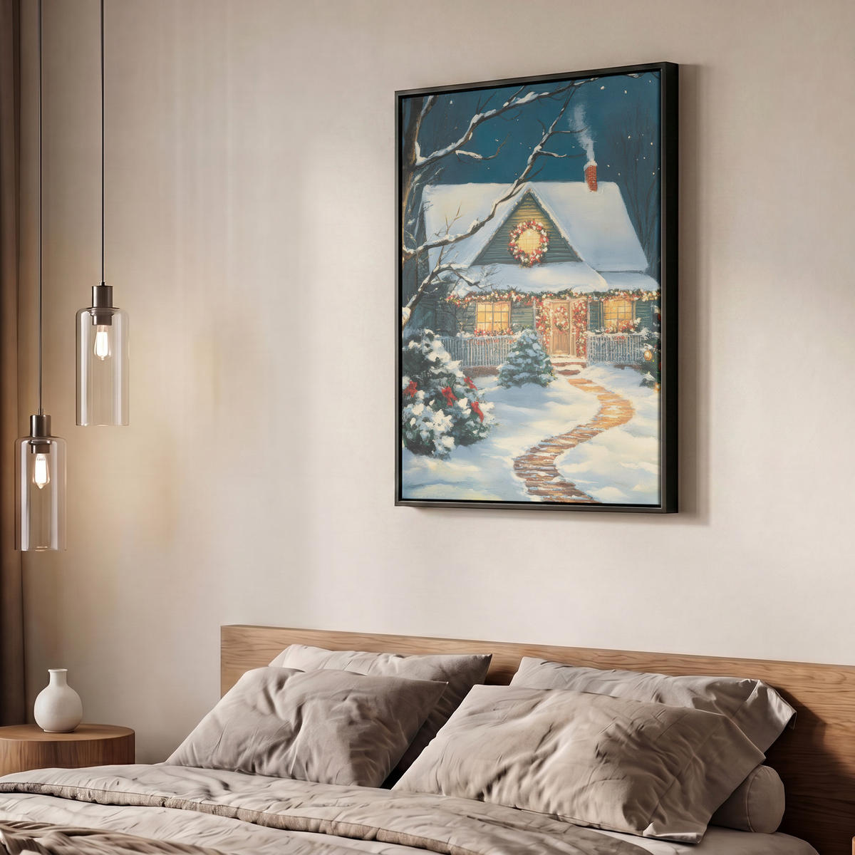 LEINWAND Bilder mit Rahmen - Weihnachten - Weihnachtsbaum - Winter - Zuhause - Schnee - 60x80 - Smaragdgrün, Textil (60/80cm) - MuchoWow