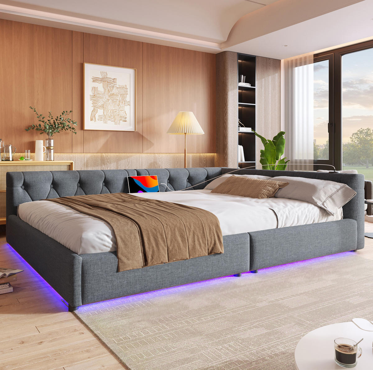 POLSTERBETT 140/200 cm mit LED-Beleuchtung und gepolstertem Kopfteil - Grau, Textil (140/200cm) - BEAOK