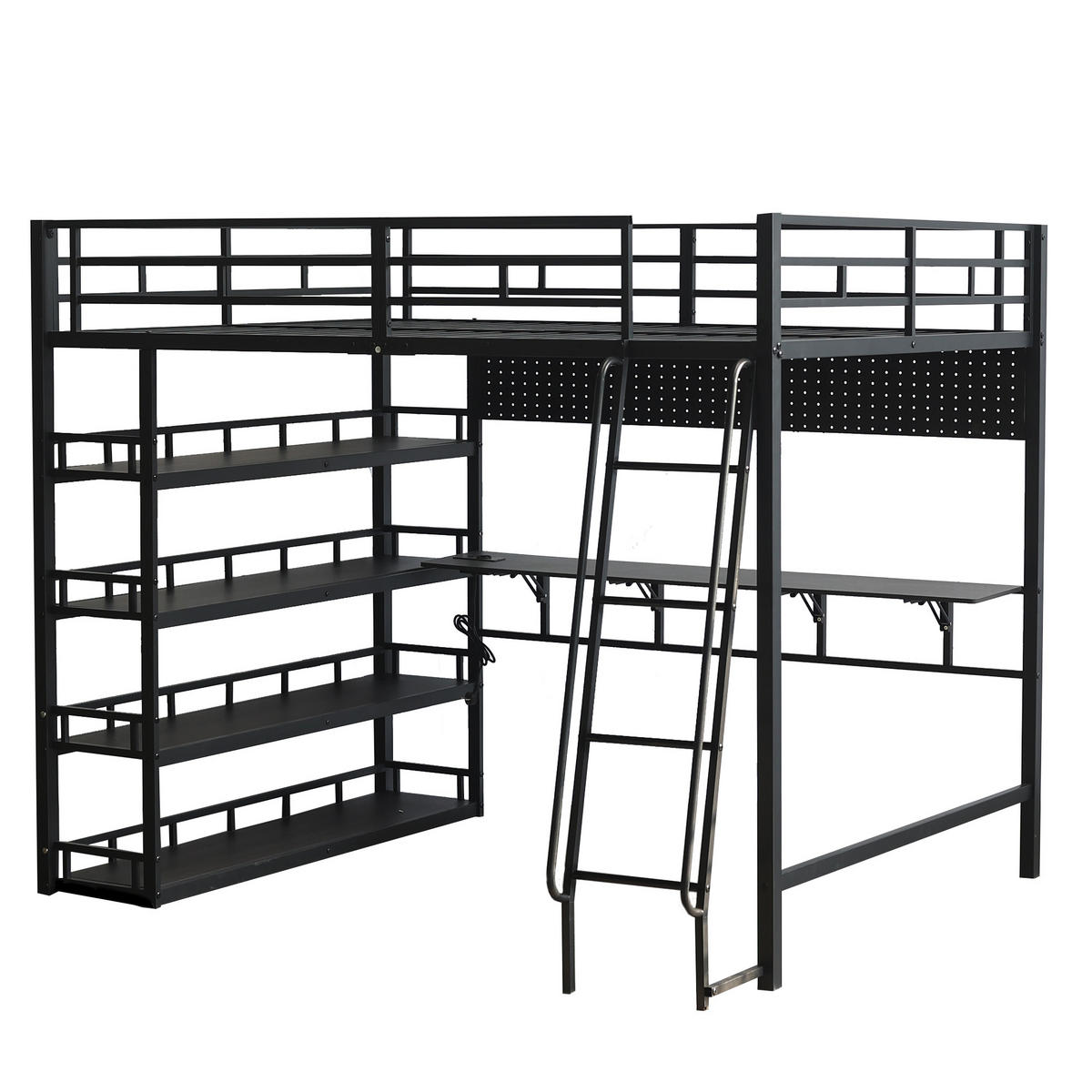 HOCHBETT 140/200 cm DE-02352, in Schwarz, mit Ablagen, Ladeanschluss und Schrägleiter - Schwarz, Metall (140/200cm) - ComfortXL