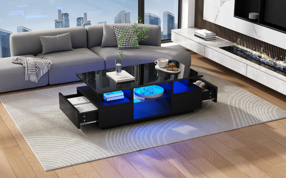 COUCHTISCH aus Spanplatte 100x50x36 cm in Schwarz mit LED-Beleuchtung - Schwarz, Holzwerkstoff (100/50/36cm) - Modfu