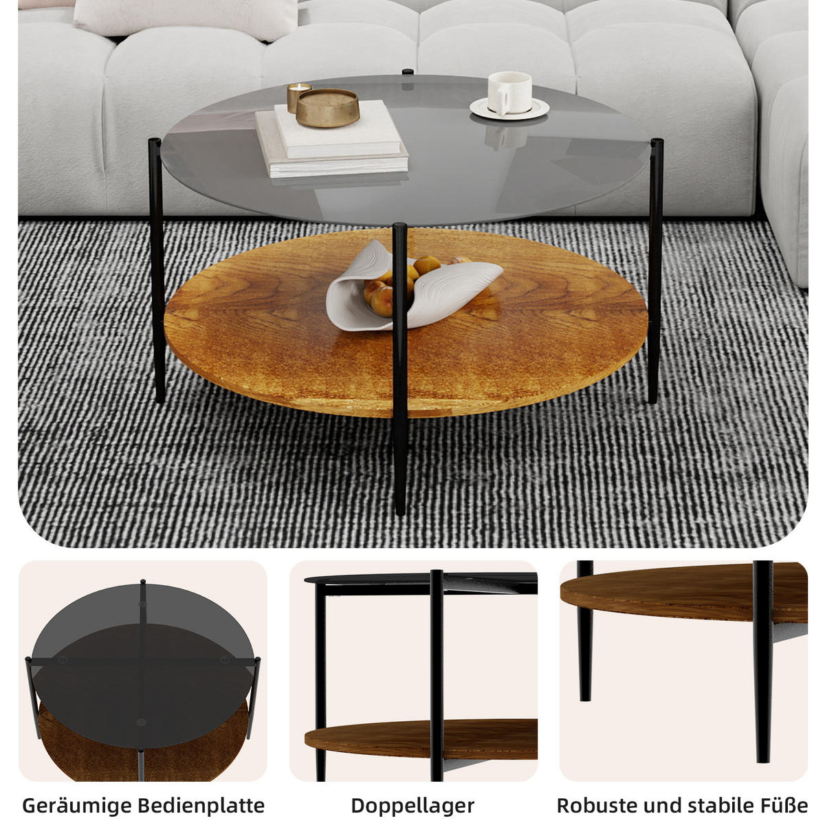 COUCHTISCH Schwarz/Natur, 82/82/45 cm - Schwarz, Glas (82/82/45cm) - PANGIVO