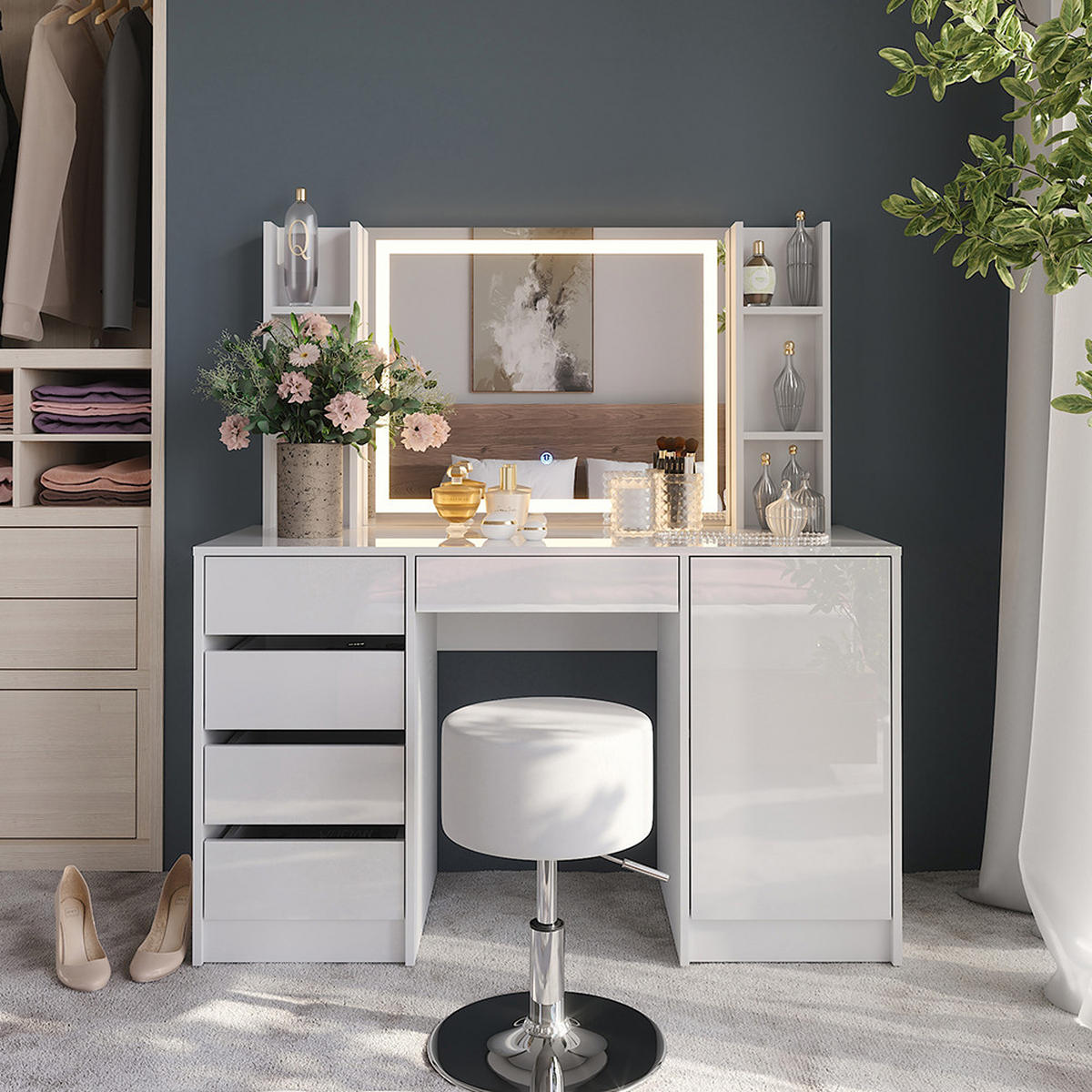 SCHMINKTISCH Sherry Weiß/Weiß Hochglanz 128.2 cm 5 Teile - Weiß Hochglanz, Holzwerkstoff (128.2/76/50.1cm) - Vicco