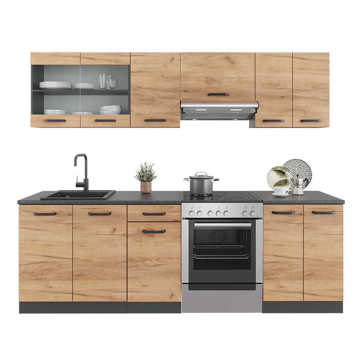 KÜCHENZEILE Raul Goldkraft Eiche/Anthrazit 240 cm AP Schwarz gemustert - Anthrazit/Eiche Wotan, Holzwerkstoff (240/81.6/60cm) - Vicco