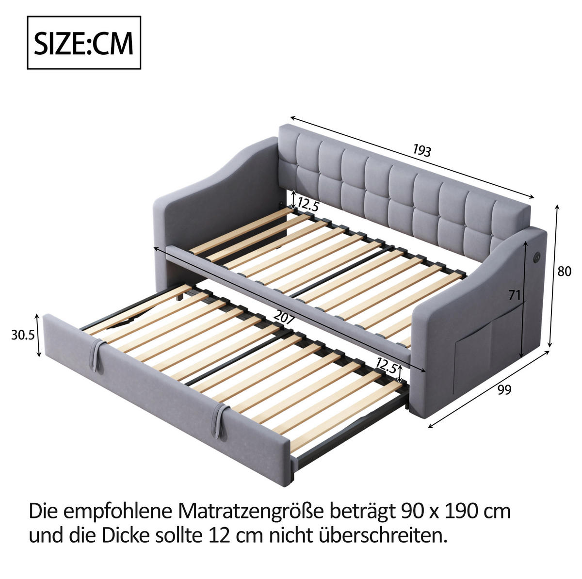 ČALÚNENÁ posteľ zo zamatu 90x190 cm sivá rozkladacia s USB portmi a pevným roštom - sivá, textil (90/190cm) - Modfu